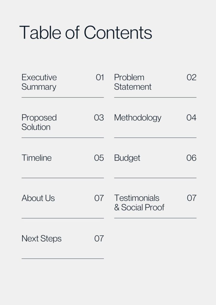 Table of content for effective proposal for business