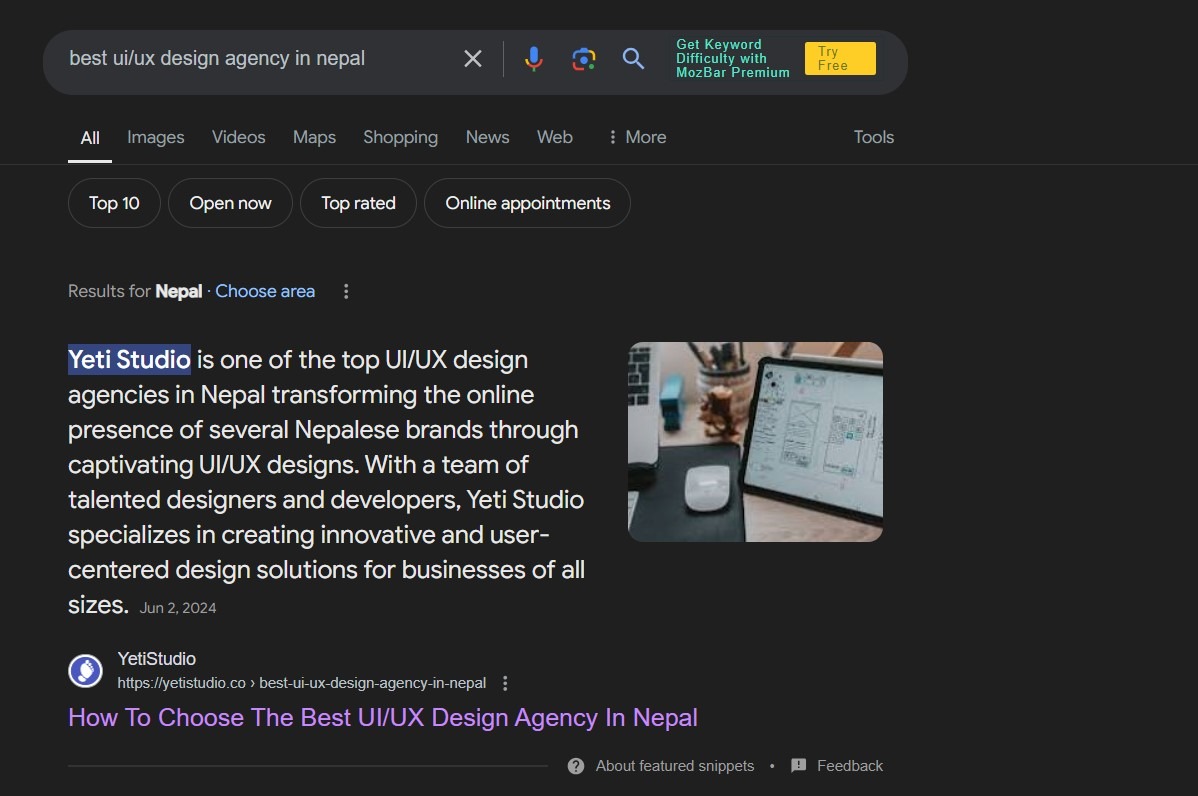 Google result showing top ranking of Yeti Studio as the best ui/ux design agency in Nepal